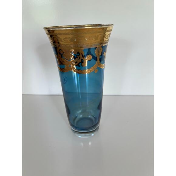 Vintage J Preziosi Lavorato a Mano Italian Blue Glass Vase Gold Overlay JL - Picture 3 of 11